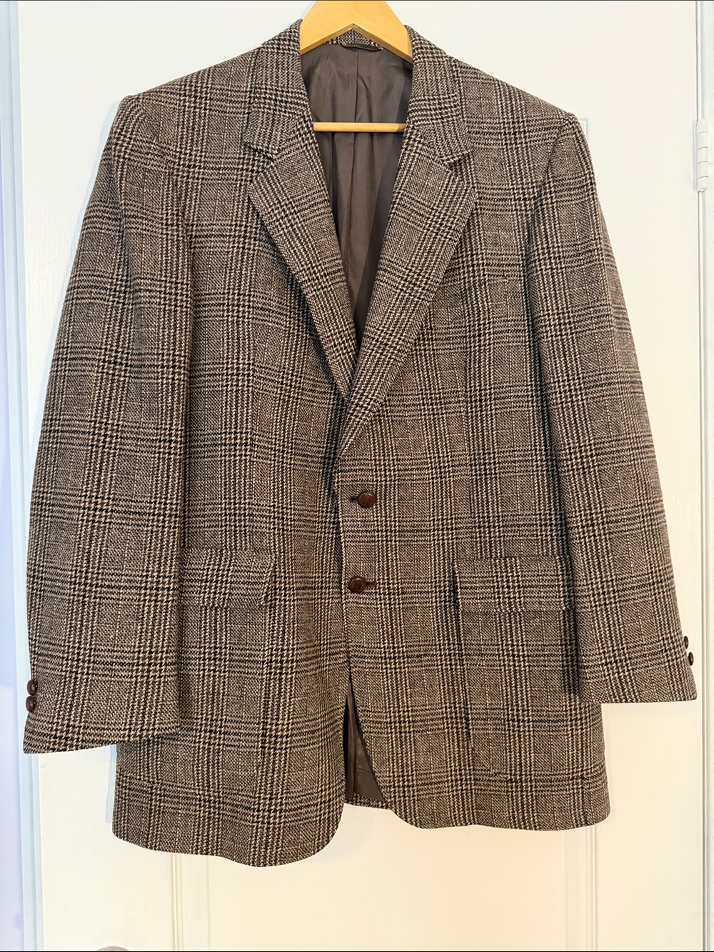 Warren K Cook Vintage Camel Hair Virgin Wool Tweed Blazer Jacket Plaid Leather B